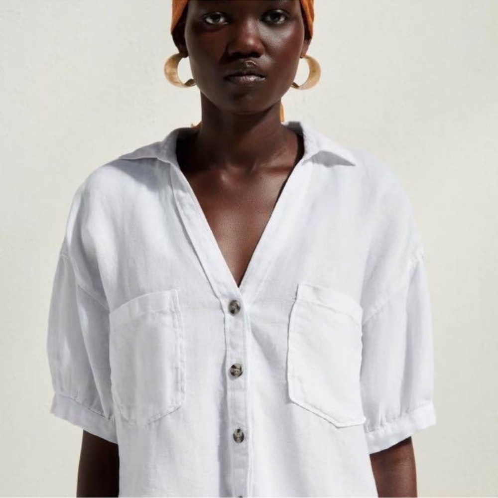 Zara White Linen Cropped Button up Shirt